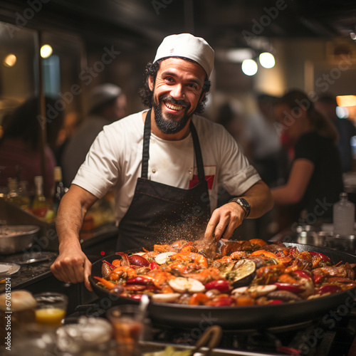 Chef in a white chef's hat prepares a typical Spanish seafood paella in a paella pan, ai generated photo