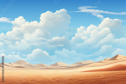 Blue sky with fluffy cloud and Desert landscape with Sand Dunes in hot Sunny day Summer  generative ai 