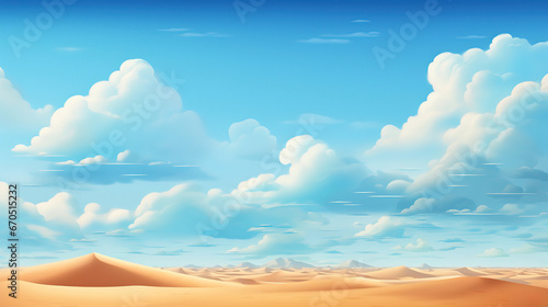 Blue sky with fluffy cloud and Desert landscape with Sand Dunes in hot Sunny day Summer, generative ai 