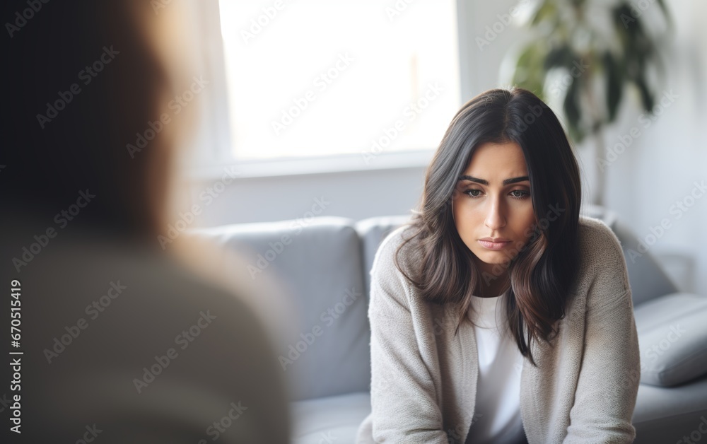 Woman domestic abuse survivor and psychologist at psychotherapy session. Psychology and mental health concept. Generative AI - obrazy, fototapety, plakaty 