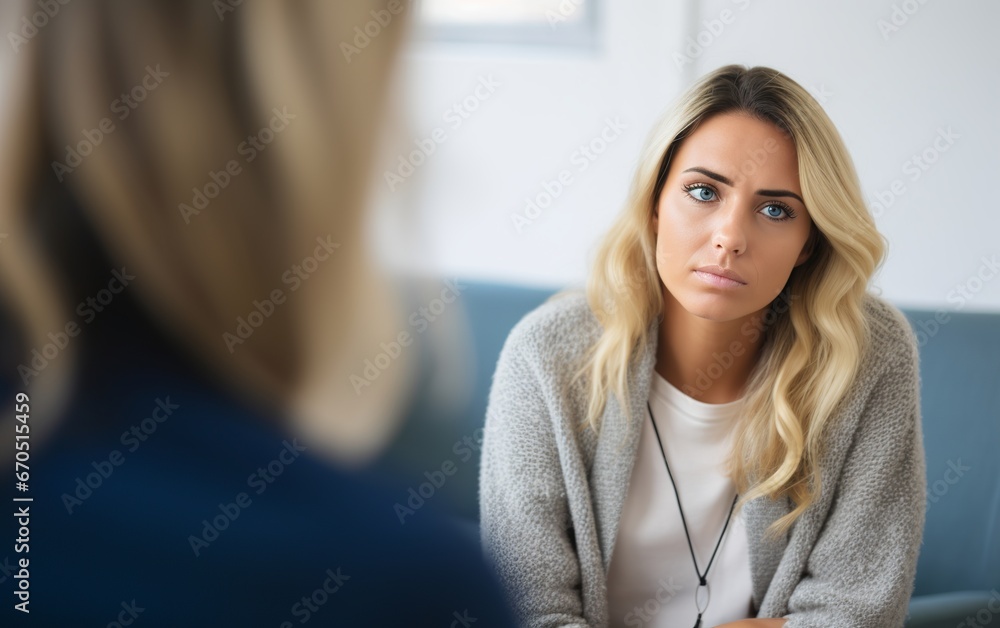 Woman patient and psychologist at psychotherapy session. Psychology and mental health concept. Generative AI Woman patient and psychologist at psychotherapy session. Psychology and mental health concept. Generative AI