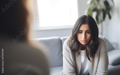 Woman domestic abuse survivor and psychologist at psychotherapy session. Psychology and mental health concept. Generative AI photo