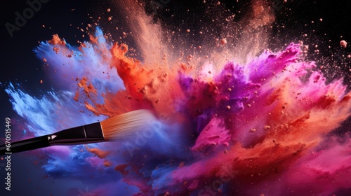 Makeup brush in a colorful powder explosion. Beauty and cosmetics concept background with free place for text © eireenz