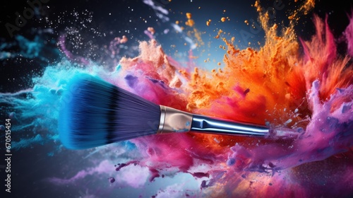 Makeup brush in a colorful powder explosion. Beauty and cosmetics concept background with free place for text © eireenz
