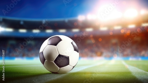 Soccer ball on a soccer grass field in front of a blurred stadium. Sport concept background with free place for text
