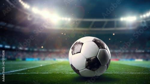 Soccer ball on a soccer grass field in front of a blurred stadium. Sport concept background with free place for text