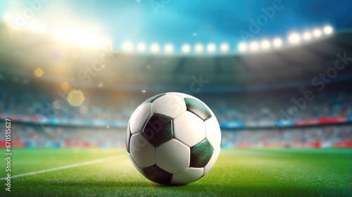 Soccer ball on a soccer grass field in front of a blurred stadium. Sport concept background with free place for text © eireenz