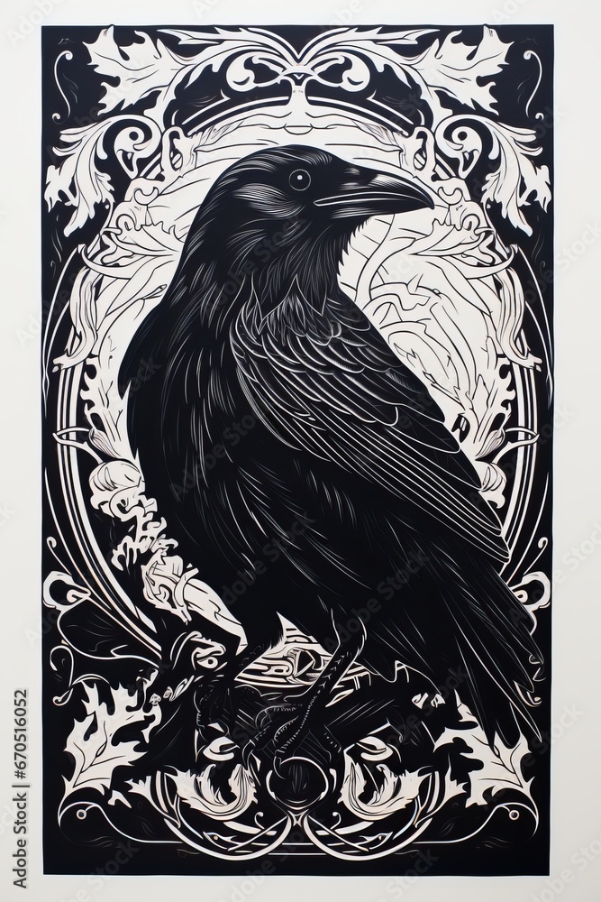 Naklejka premium Black raven, engraving, black and white drawing