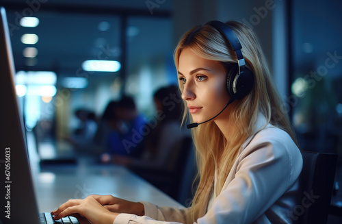 Portrait of happy smiling female customer support, phone operator, wearing bluetooth headset at workplace. Blonde woman working as call center agent in front of computer in modern office.