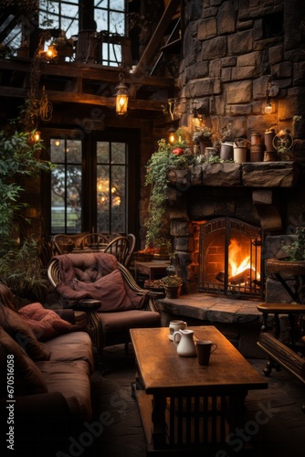 Coffee shop's cozy fireplace with comfortable seating, Generative AI © Shooting Star Std