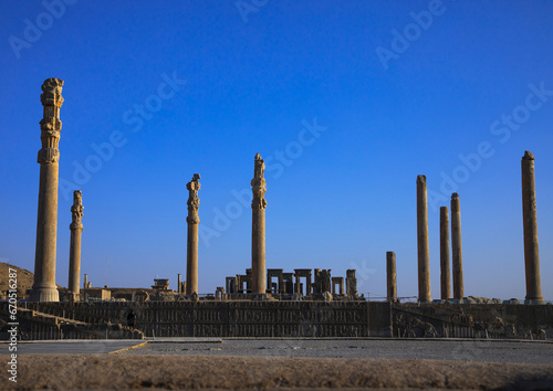 General overview of the remains of  ruins of the apadana in Persepolis, Fars Province, Marvdasht, Iran photo