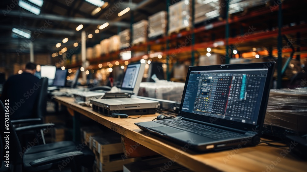 Laptops work as checklists in smart factories such as warehouses, distribution networks, logistics, transportation, export, import logistics. and transportation industry Laptops work as checklists in smart factories such as warehouses, distribution networks, logistics, transportation, export, import logistics. and transportation industry