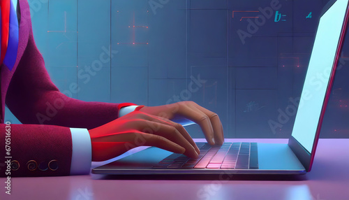 3d render character of a man hands typing keyboard on laptop computer, Isolated on white background
