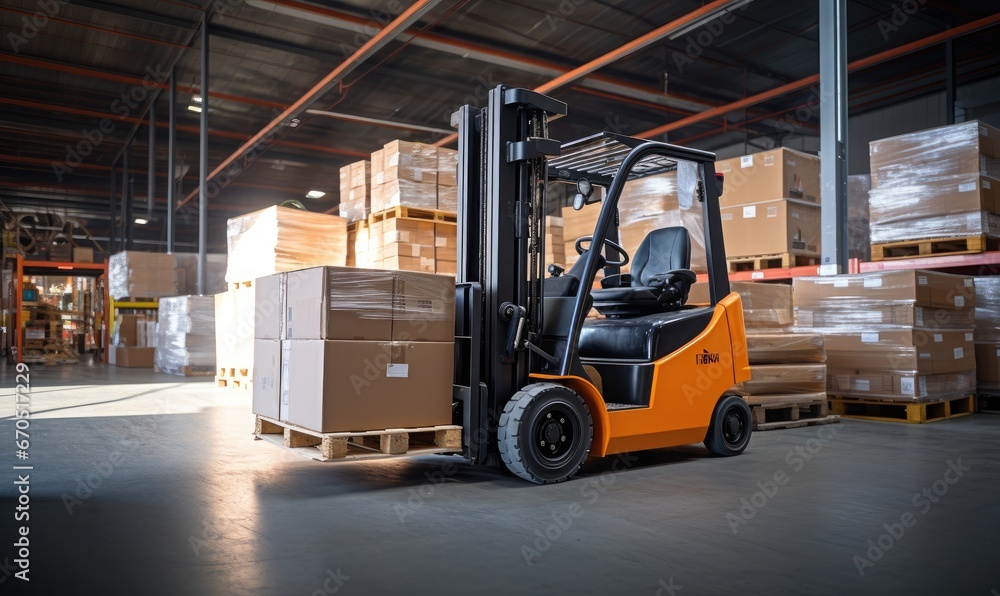 A Warehouse Scene with a Busy Forklift and Stacked Boxes