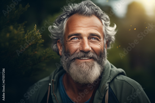 Portrait of a handsome fit older man with Outdoor older man with gray hair, locking at camera and nature photo