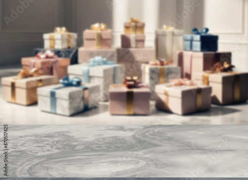 Beautiful marble table or desk floor, little shiny surface, perspective view, the background of blurred gift boxes, luxury mood, window light. Empty space for products to put on the table. © dul_ny