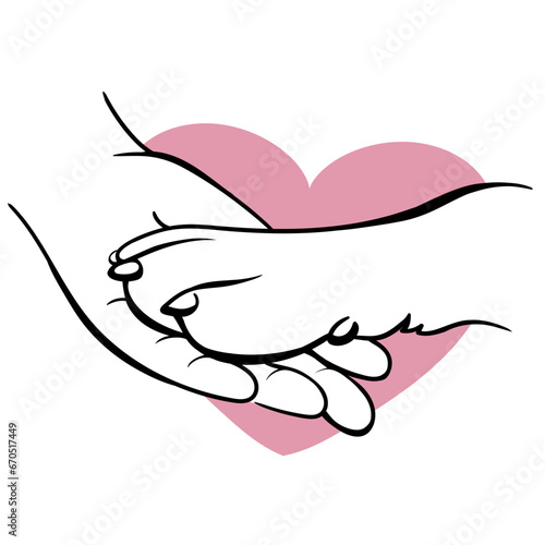 hand and dog, dog paw in human hand. Paw Heart. Friendship between man and animal. Cheerful character greets pet with a handshake. Best friends. Vector