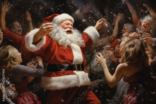 Santa Claus dances joyfully at a party among a crowd of people on New Year's Eve