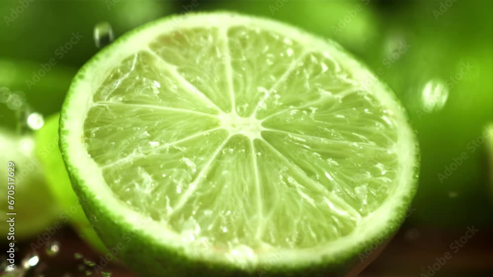 Drops of water fall on a cut lime. Filmed on a high-speed camera at 1000 fps. High quality FullHD footage Drops of water fall on a cut lime. Filmed on a high-speed camera at 1000 fps. High quality FullHD footage