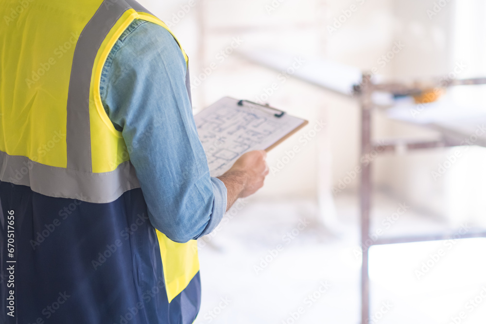 Contractor in vest checking renovation project plan on clipboard worker in professional uniform standing near construction safety equipment in light premise