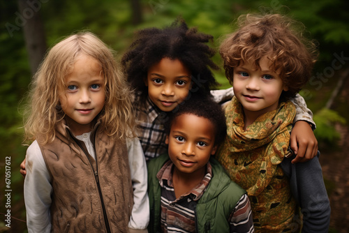 Children caucasian smile and hugging each other relax in weekend holiday lifestyle park outdoor nature background