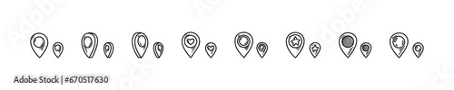 Location pin icons set. Doodle location marker. Sketch pinpoint. Hand drawn gps navigation mark. Destination position. Vector illustration