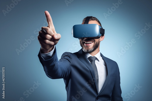 Smart Man Wearing Digital Tech VR Glasses And Pointing On Important Messages With One Finger. Businessman Having Virtual Reality Eyeglasses And Showing Critical Information