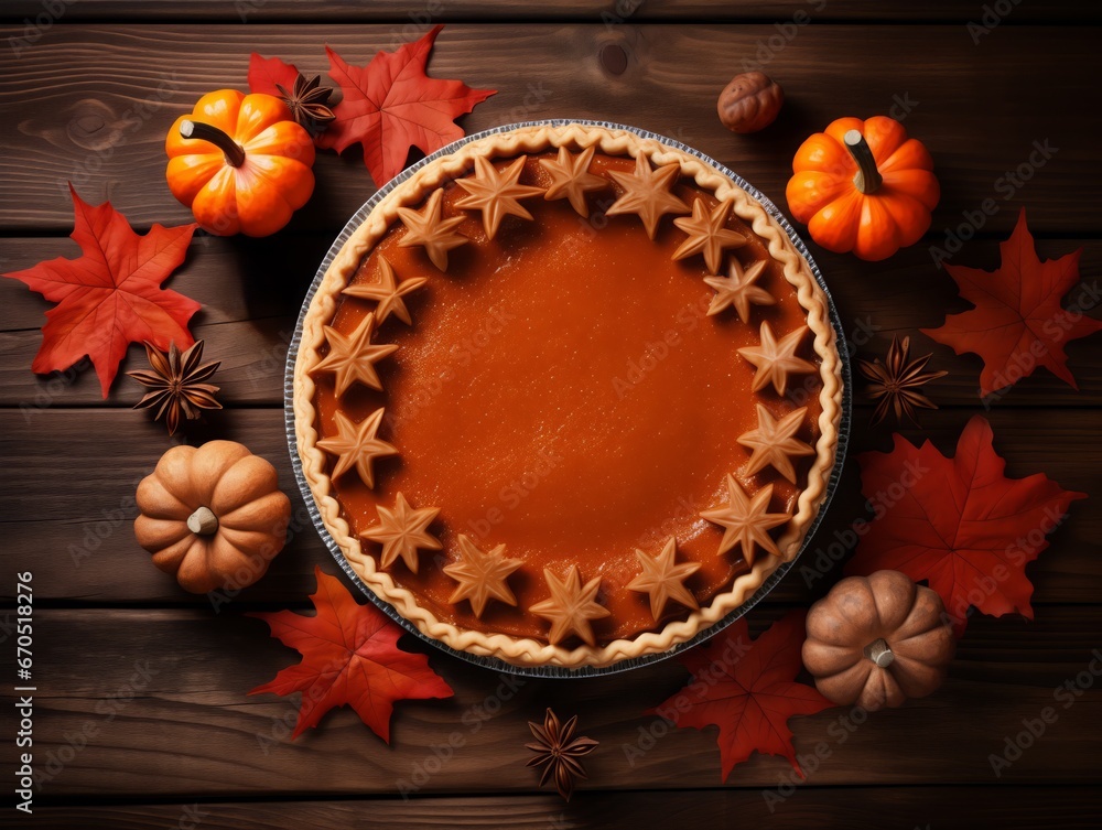 Pumpkin pie on a wooden background with autumn leaves. Top view Pumpkin pie on a wooden background with autumn leaves. Top view