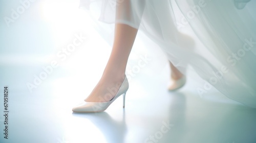 A woman's legs in high heels and a white dress, AI