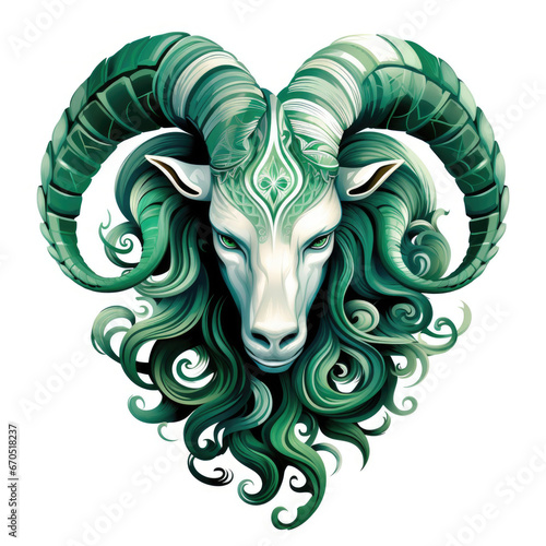 Green watercolor Aries Zodiac sign on white background