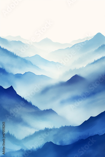 水彩風 霞んだ山の景色 © azure
