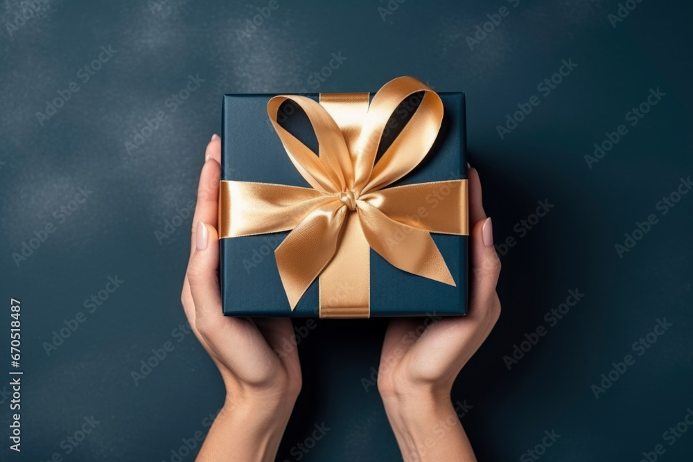 overhead view, womans hands holding a luxury gift box with gold large satin bow against a dark blue background. Close up. New Year present. - obrazy, fototapety, plakaty 
