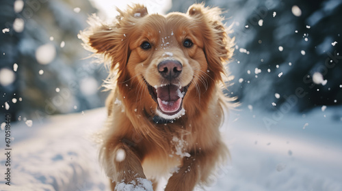 Happy dog running in the snow forest. © HQ2X2