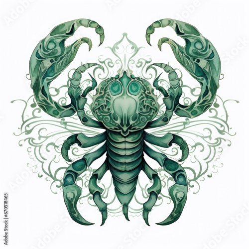 Green watercolor Scorpio Zodiac on white background