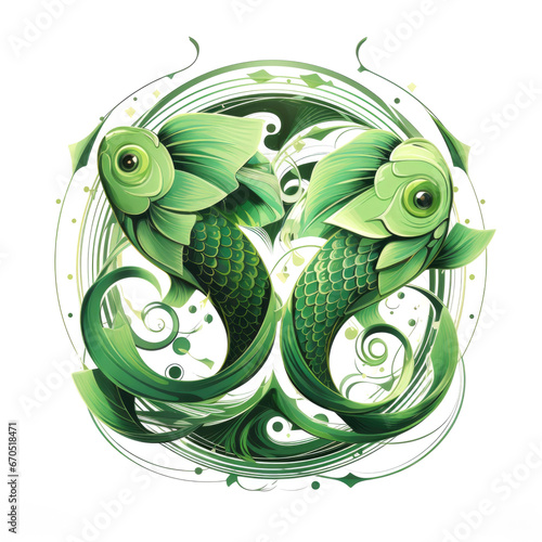 Green watercolor Pisces Zodiac on white background