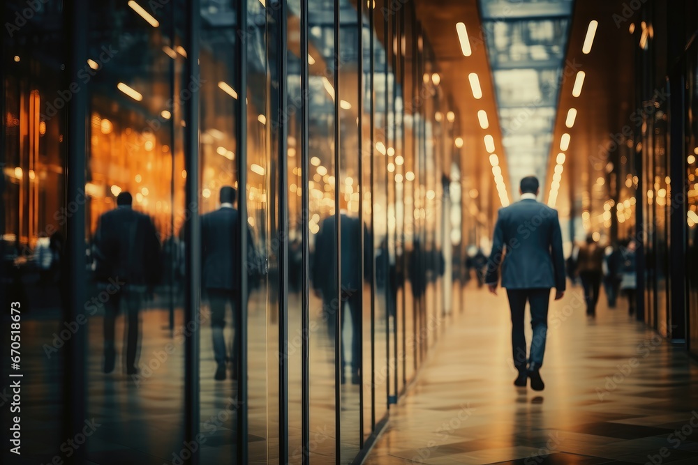 Fototapeta premium A businessman striding with purpose in a corridor nestled between offices, symbolizing his active role within the professional workspace. Photorealistic illustration
