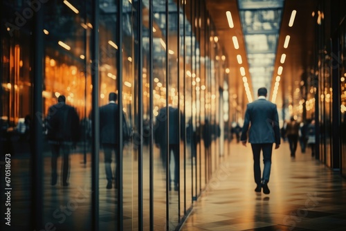 A businessman striding with purpose in a corridor nestled between offices, symbolizing his active role within the professional workspace. Photorealistic illustration