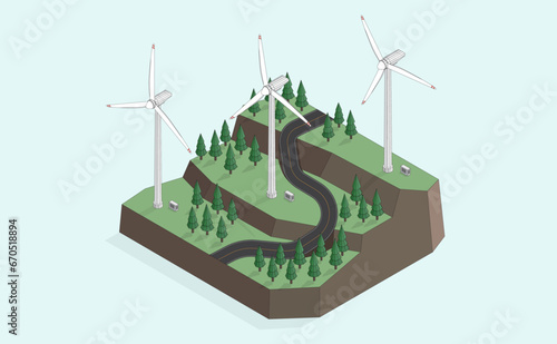 wind energy, wind turbine farm isometric graphic