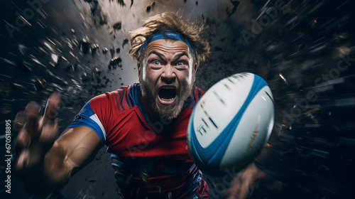 Un joueur de rugby courant avec le ballon, mouvement et énergie photo