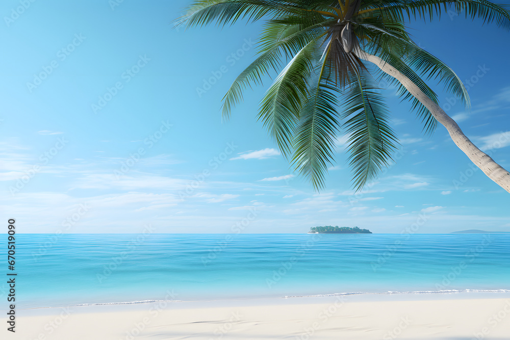 tropical beach view at sunny day with white sand, turquoise water and palm tree. Neural network generated image. Not based on any actual scene or pattern.