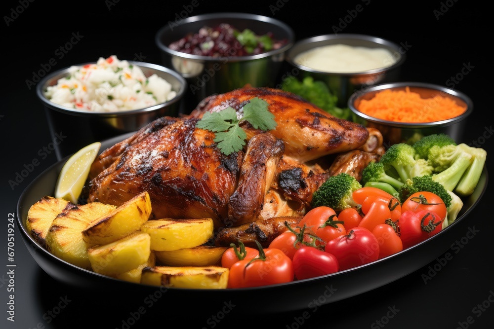 Roasted stuffed turkey and sweet potato with vegetables. Thanksgiving Dishes Roasted stuffed turkey and sweet potato with vegetables. Thanksgiving Dishes