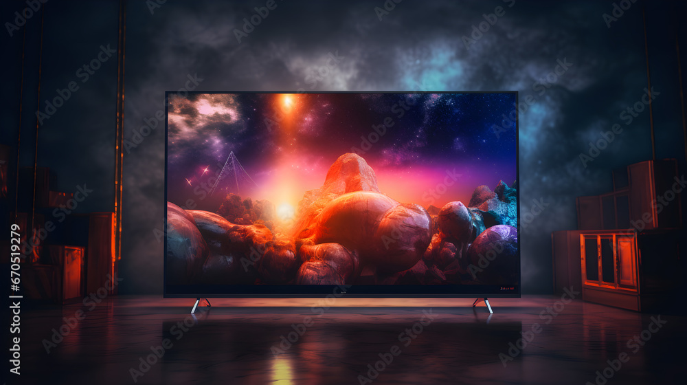 A black TV set with brilliant color pictures on the screen, Dark moody