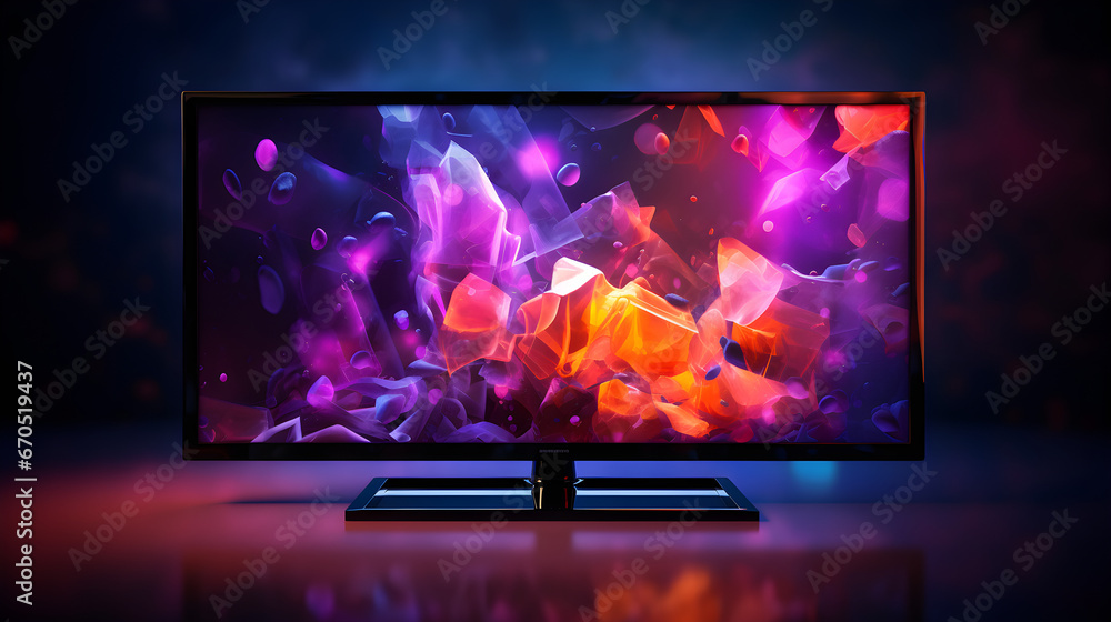 A black TV set with brilliant color pictures on the screen, Dark moody color lighting, depth of field control method, realistic A black TV set with brilliant color pictures on the screen, Dark moody color lighting, depth of field control method, realistic