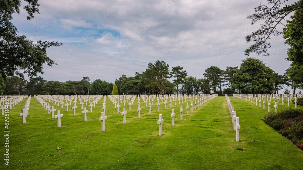 View of the Normandy American Cemetery crosses in France