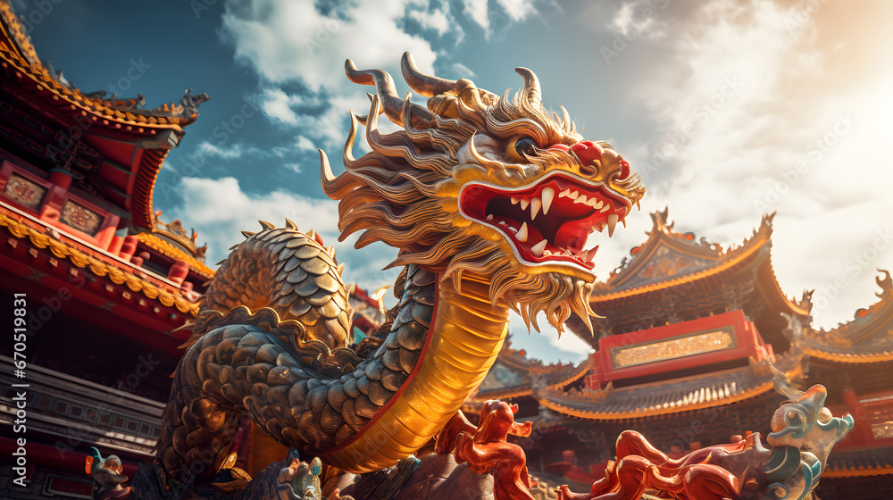 Majestic Golden Chinese Dragon Statue in Front of a Temple Background ...