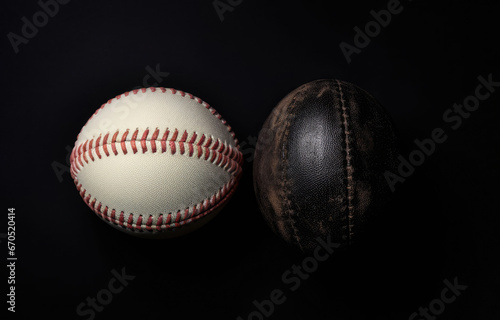 Overhead View of Rugby Ball and Baseball on Black Generative AI