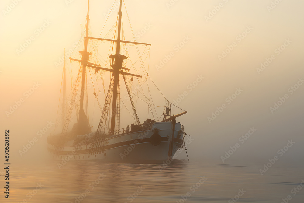 spectral ghost ship at foggy morning or evening. Neural network generated image. Not based on any actual person or scene.