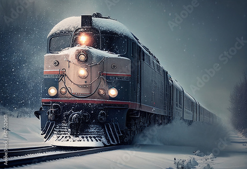 The train rides through the snow. AI Generated
