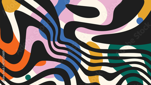 Abstract colorful background in trendy groovy style. Simple organic shapes and psychedelic wavy pattern. Contemporary doodle art backdrop. Hand drawn random figures, blobs, scribble