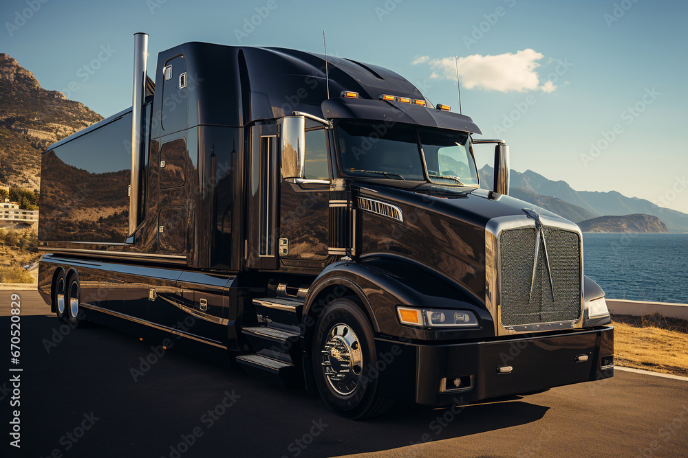 Obraz premium black stylish modern truck driving along the coast highway